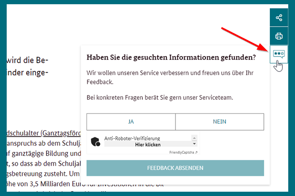 Screenshot des Feedbacktools am rechten Rand der Website